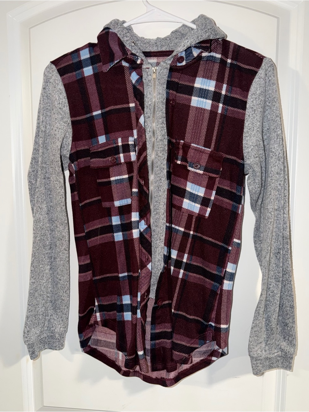 No Boundaries Maroon Plaid Hooded Shirt with Gray Sleeves